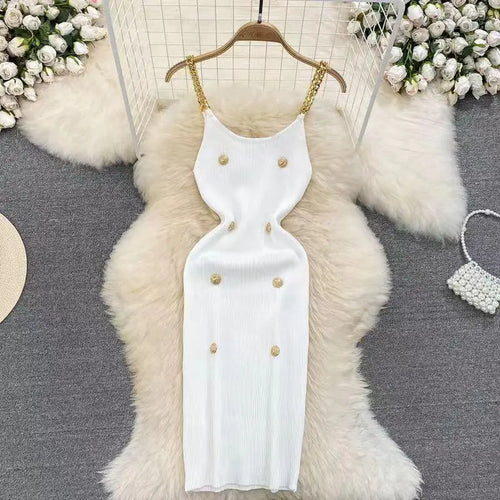 Load image into Gallery viewer, Korean Summer Fashion Women Solid O-neck Button Knitted Midi Dress Sexy Cldub Sleeveless Office Chain Slip Dresses Women Popular

