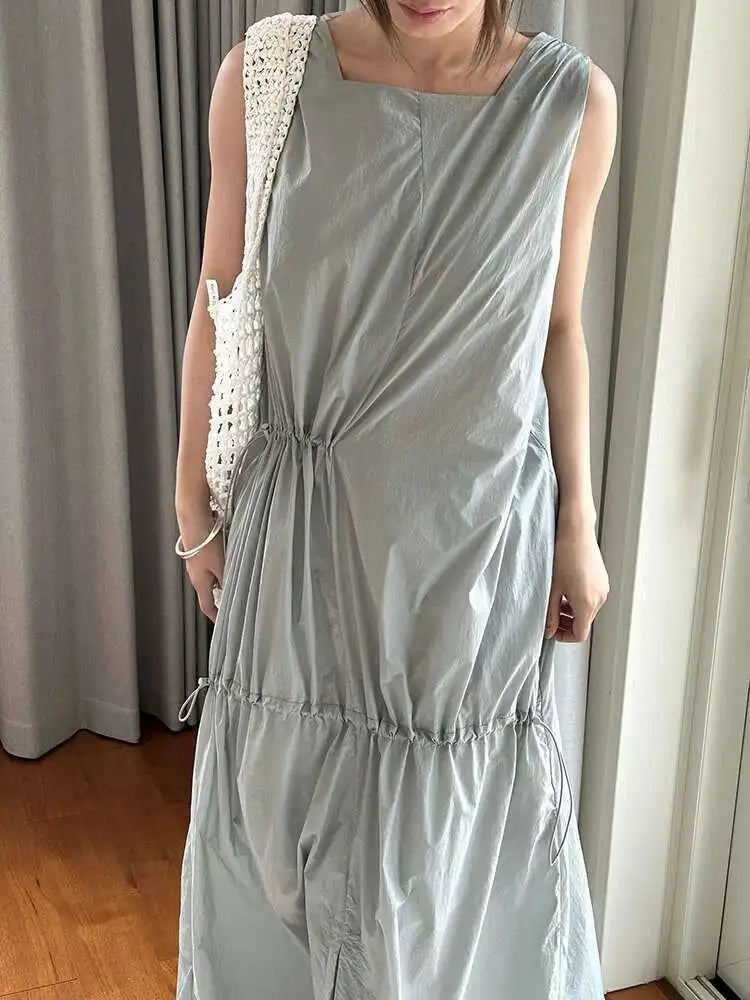 Women White Gray Big Size Long Elegant Thin Dress New Square Collar Sleeveless Fashion Tide Spring Summer 2025 1DH6054