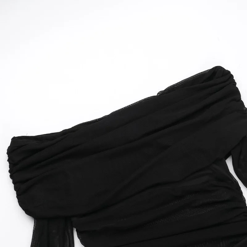 Off-shoulder Mesh See Through Sexy Maxi Dress For Women Elegant Strapless Long Sleeve Backless Bodycon Club Party Dress