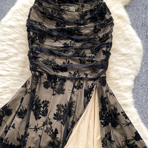 Load image into Gallery viewer, Vintage Women Black Elegant Square Neck Birthday Fishtail Evening Dress Summer High Waist Party Pleated Lace Split Long Dresses
