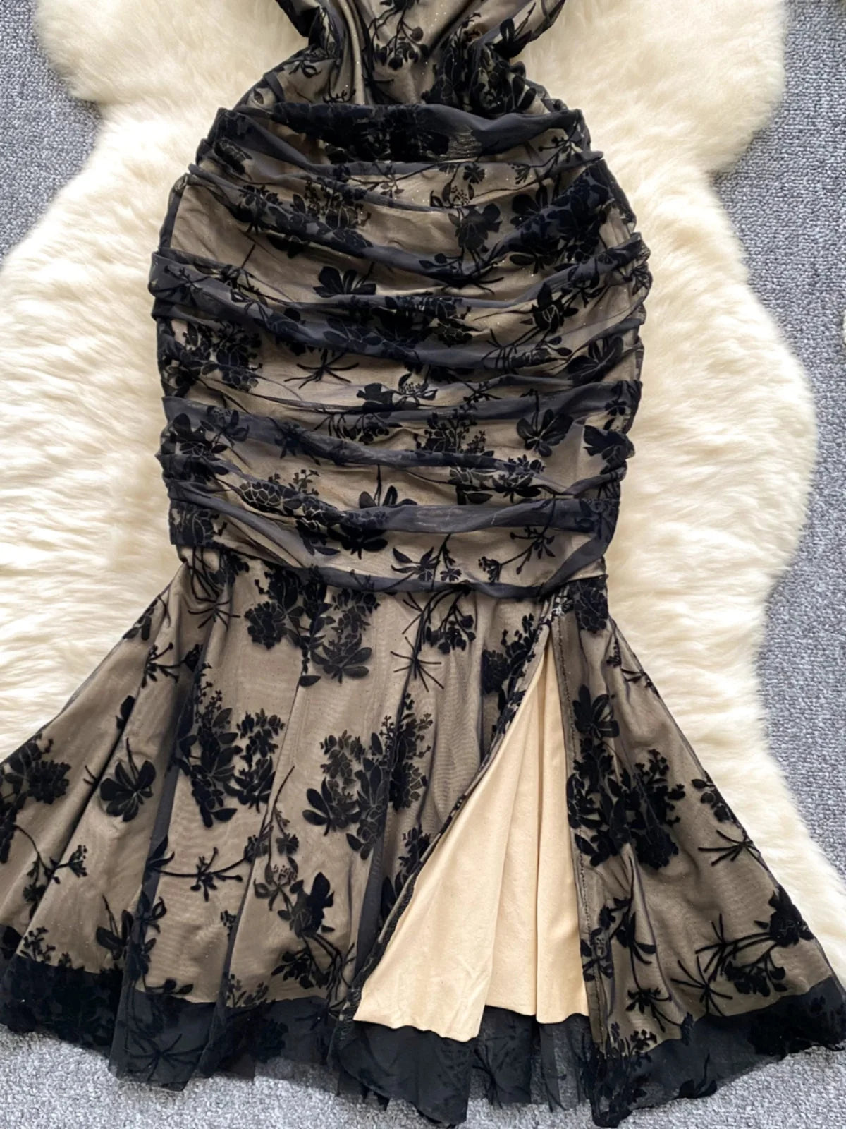 Vintage Women Black Elegant Square Neck Birthday Fishtail Evening Dress Summer High Waist Party Pleated Lace Split Long Dresses