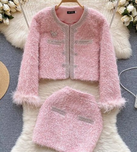 Autumn Winter White Vintage Party 2 Piece Set Women Pink Elegant Round Neck Cardigan Coat + Zipper Mini Short Skirt Suit Fashion