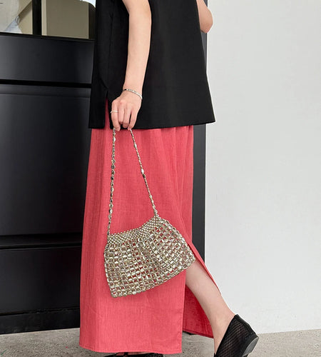 High Elastic Waist Red Linen Back Slit Elegant Straight Half-body Skirt Women Fashion Tide New Spring Autumn 2025 1DJ1283