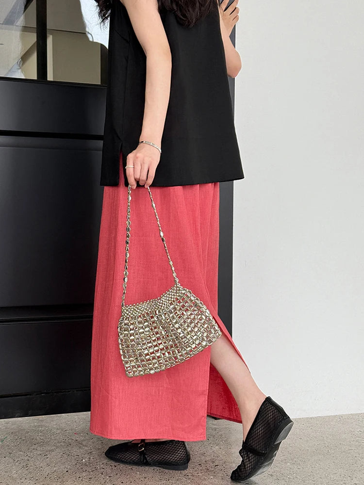 High Elastic Waist Red Linen Back Slit Elegant Straight Half-body Skirt Women Fashion Tide New Spring Autumn 2025 1DJ1283