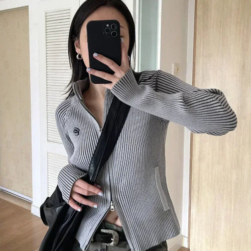 Load image into Gallery viewer, Autumn Double Zip Up Ribbed Cardigan Jackets Women Embroidery Knitted Sweater Slim Stand Collar Y2k Harajuku Grunge Knit

