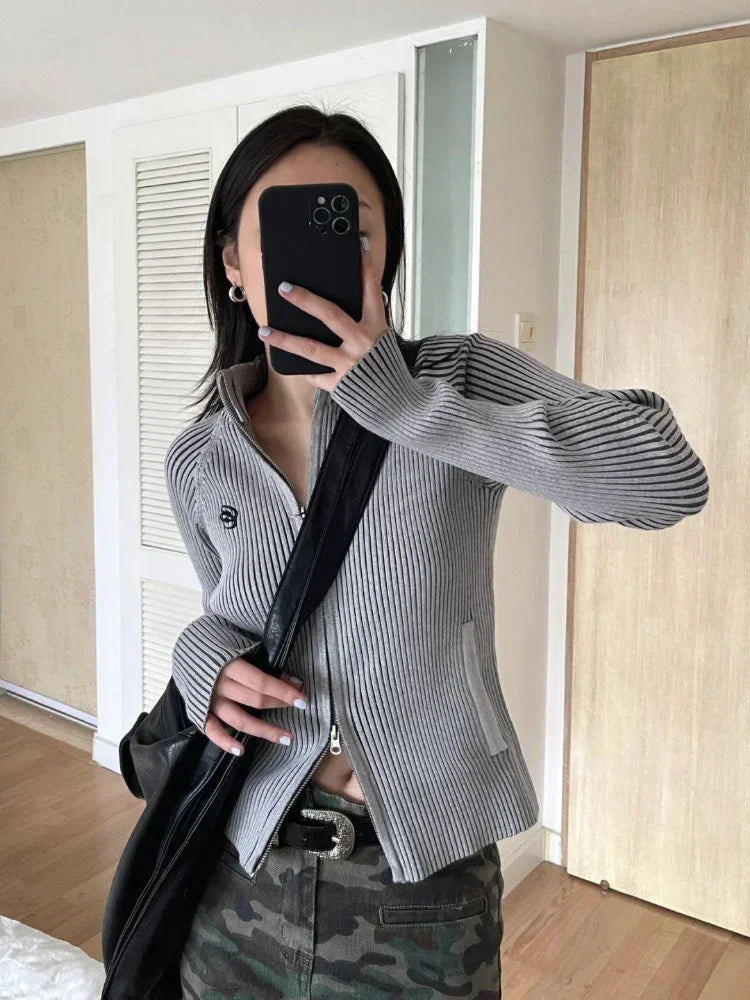 Autumn Double Zip Up Ribbed Cardigan Jackets Women Embroidery Knitted Sweater Slim Stand Collar Y2k Harajuku Grunge Knit