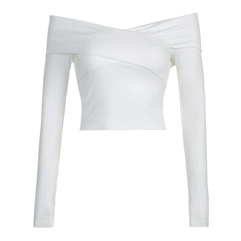 Korean Fashion White Women T-shirts Off Shoulder Top Crop Criss-Cross Coquette Clothes Autumn Tee Sweats Tight Kawaii