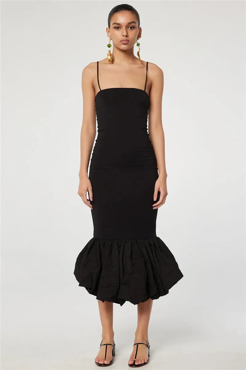 Spaghetti Strap Knit Fishtail Dress For Women Gown Black Sleeveless Backless Bodycon High Waist Sexy Long Dress Elegant