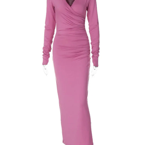 Load image into Gallery viewer, Elegant V Neck Hooded Maxi Dress For Women Autumn Winter New Long Sleeve Bodycon Ruched Fashion Long Dress New
