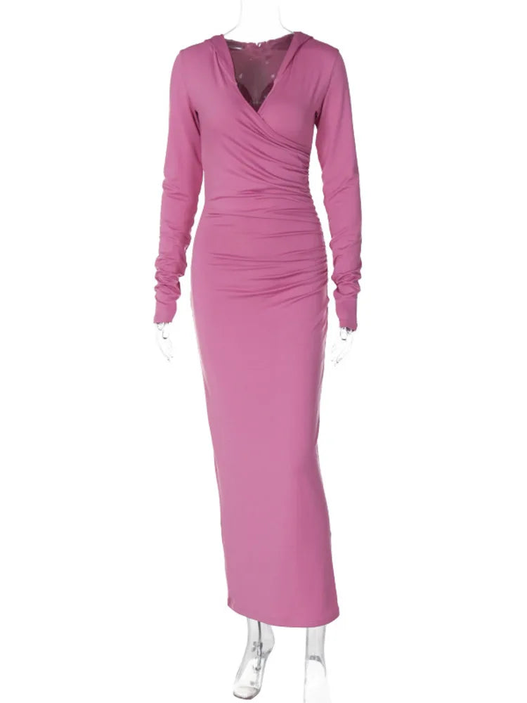 Elegant V Neck Hooded Maxi Dress For Women Autumn Winter New Long Sleeve Bodycon Ruched Fashion Long Dress New