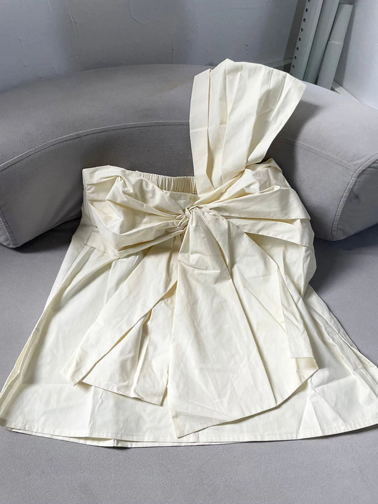 Women Apricot Bow Spliced Elegant Blouse New Skew Collar Short Sleeve Shirt Fashion Tide Spring Summer 2025 1DJ1488