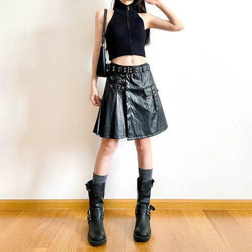 Load image into Gallery viewer, Streetwear Punk Black PU Leather Skirt Women Buckle Fold Fashion Party Pleated Skirt Gothic Dark Cargo Grunge Outfits
