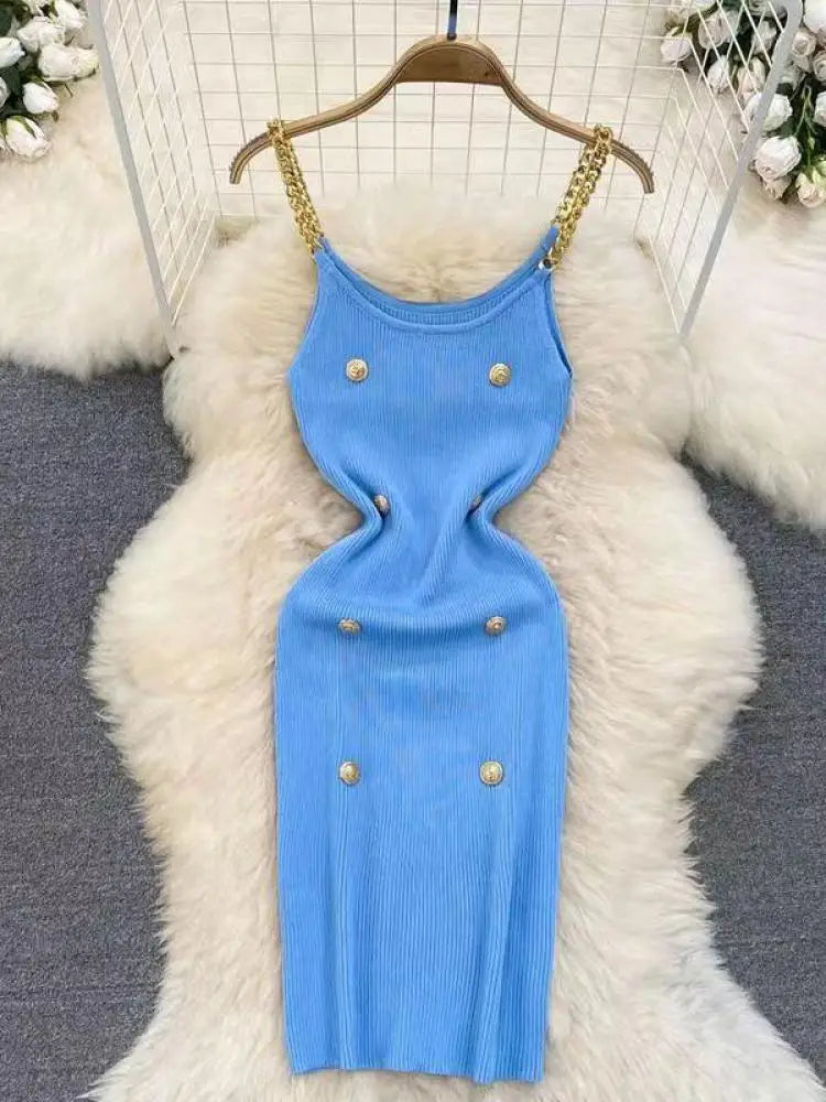 Korean Summer Fashion Women Solid O-neck Button Knitted Midi Dress Sexy Cldub Sleeveless Office Chain Slip Dresses Women Popular