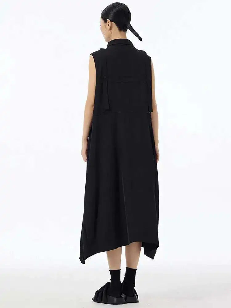 Women Army Green Button Big Size Midi Casual Shirt Dress New Lapel Sleeveless Fashion Tide Spring Summer 2025  1DH6614