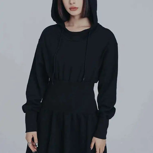 Load image into Gallery viewer, Women Black Big Size Elasitc Waist Mini Dress New Hooded Long Sleeve Loose Fit Fashion Tide Spring Autumn 2025 1DF0709

