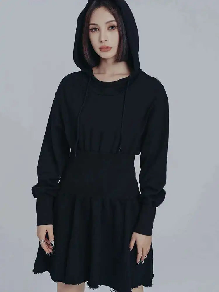 Women Black Big Size Elasitc Waist Mini Dress New Hooded Long Sleeve Loose Fit Fashion Tide Spring Autumn 2025 1DF0709