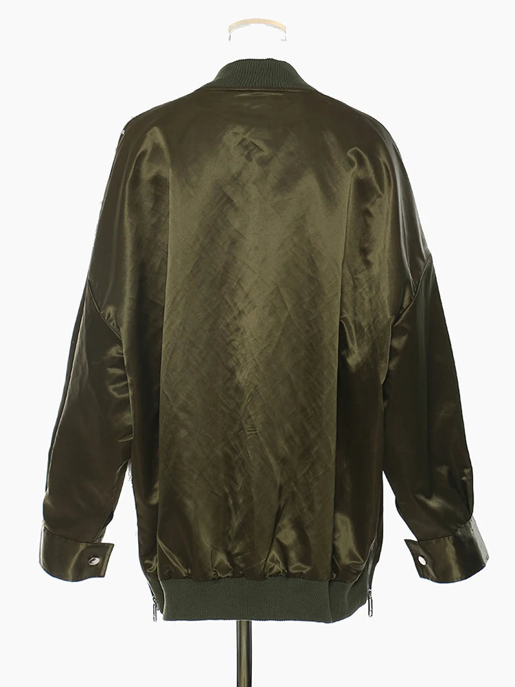 Loose Fit Green Color-block Big Size Jacket New Stand Collar Long Sleeve Women Coat Fashion Spring Autumn 2025 1DE6987