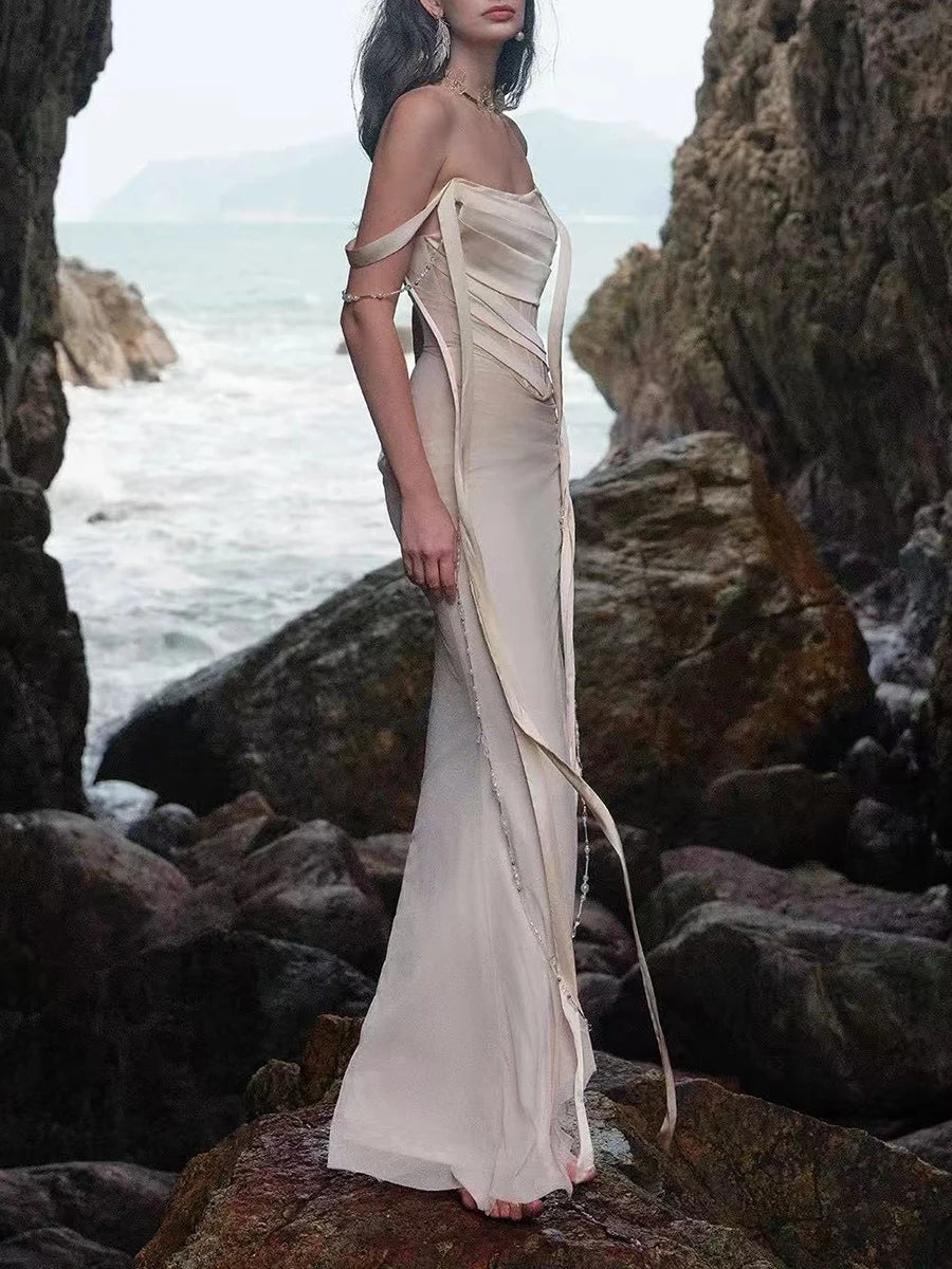 Slimming Spliced Lace Up Sexy Dresses for Women Strapless Sleeveless High Waist Patchwork Chain Dress Female New