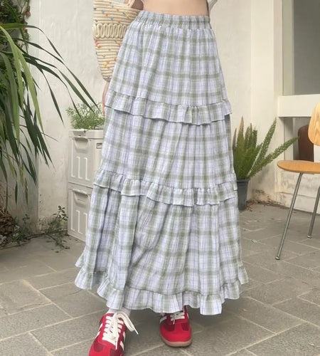 Vintage Women Green Plaid Pleated Long Skirt Women Spring Summer Holiday High Waist Sexy Club Ruffle Edge Cake Skirt Y2k Fashion