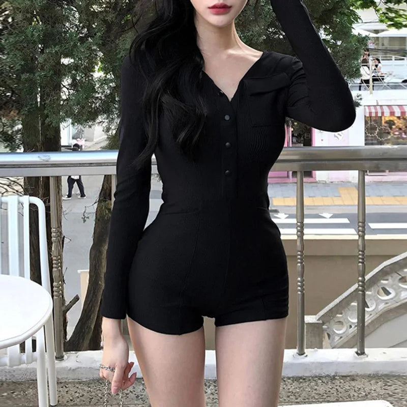 V Neck Black Buttons Bodycon Summer Playsuit Women Casual Long Sleeve Autumn Bodysuit Korean Rompers Sporty Clothing