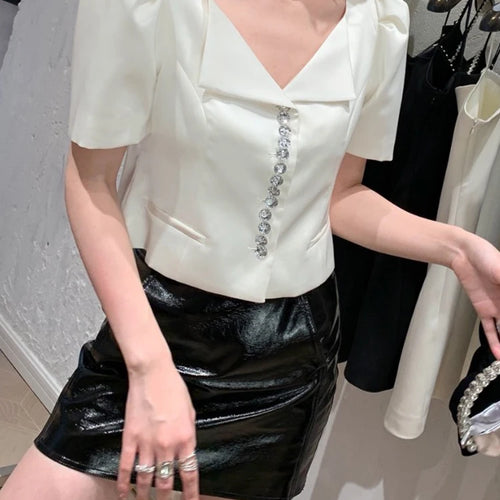 Load image into Gallery viewer, Summer Patchwork Diamonds Shirt For Women V Neck Puff Sleeve Solid Minimalist Blouses Female Fashion Clothing Style
