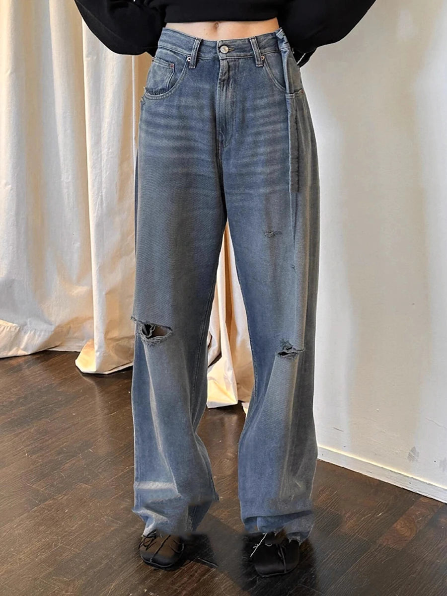 Solid Loose Spliced Hole Casual Jeans for Women High Waist Patchwork Pocket Basics Jean Female Fashion Clothing New