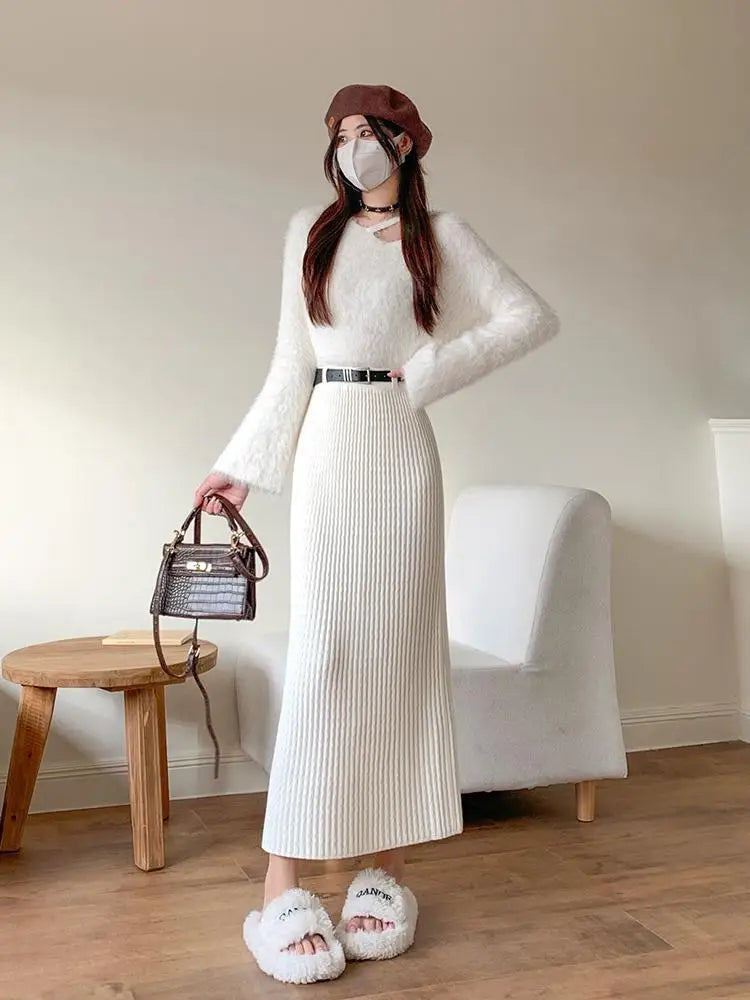 Women's Solid Elegant Office Lady Knitted Long Skirt Retro High Waist Party Wrap Hip Pleated Skirt 2024 Autumn Winter Simplicity