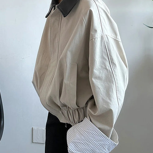 Load image into Gallery viewer, Khaki Plaid Leather Color-block Big Size Jacket New Lapel Long Sleeve Women Coat Fashion Tide Spring Autumn 2025  1DJ0976
