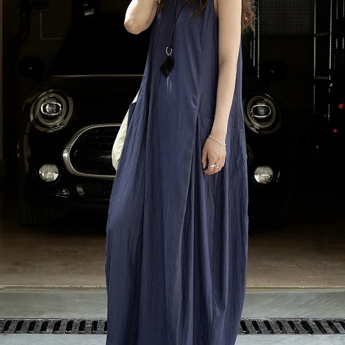 Load image into Gallery viewer, Women Khaki Brief Pocket Casual Long Elegant Bud Dress New Round Neck Sleeveless Fashion Tide Spring Summer 2025 1DJ1330
