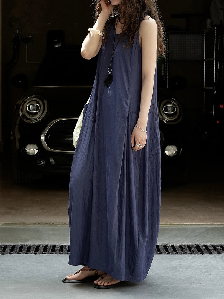 Women Khaki Brief Pocket Casual Long Elegant Bud Dress New Round Neck Sleeveless Fashion Tide Spring Summer 2025 1DJ1330