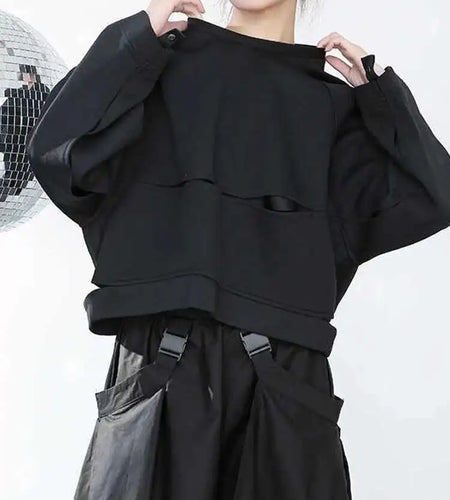 Loose Fit Black Hollow Out Sweatshirt New Round Neck Long Sleeve Women Big Size Fashion Tide Spring Autumn 2025 JH3570