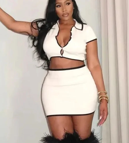 Ribbed Women 2 Piece Set Elegan Polo Neck Button Shorts Crop Tops+Mini Skirts Matching Stretch Elegant Streetwear Outfits