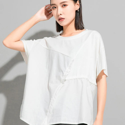 Load image into Gallery viewer, Women Black Waist Drawstring Big Size Casual T-shirt New Round Neck Short Sleeve Fashion Tide Spring Summer 2025 1DJ1833
