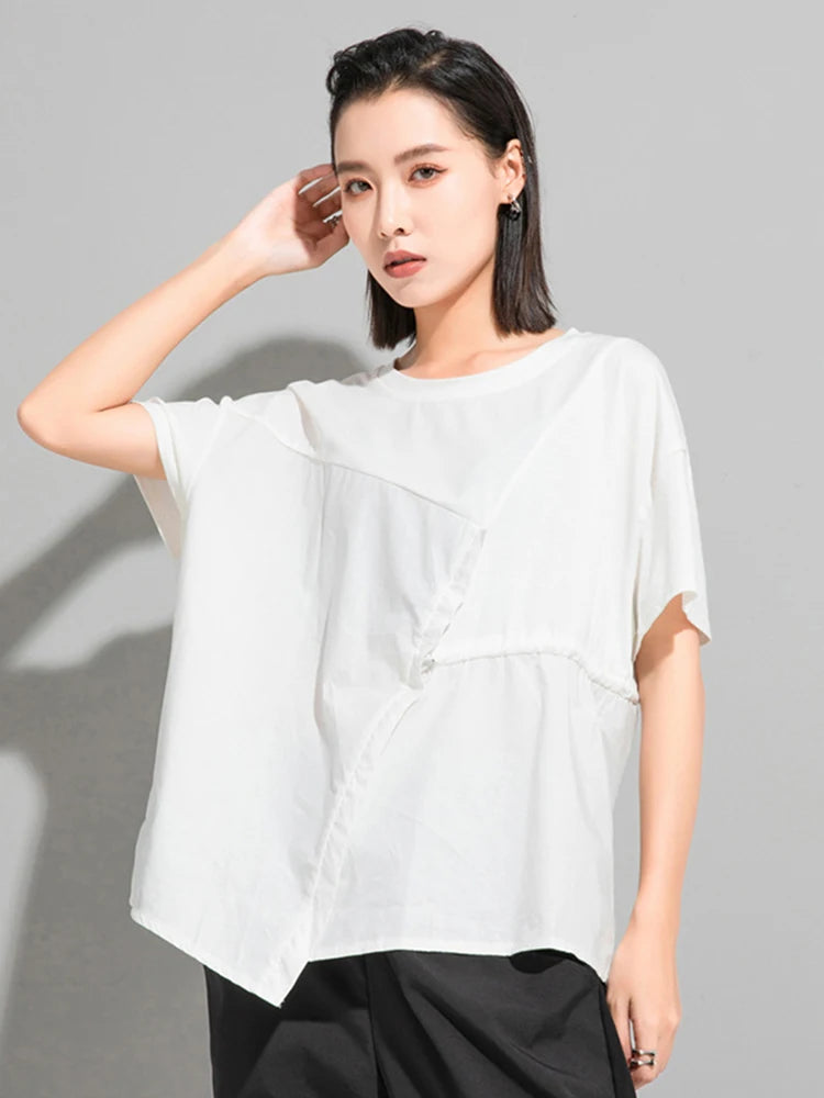 Women Black Waist Drawstring Big Size Casual T-shirt New Round Neck Short Sleeve Fashion Tide Spring Summer 2025 1DJ1833