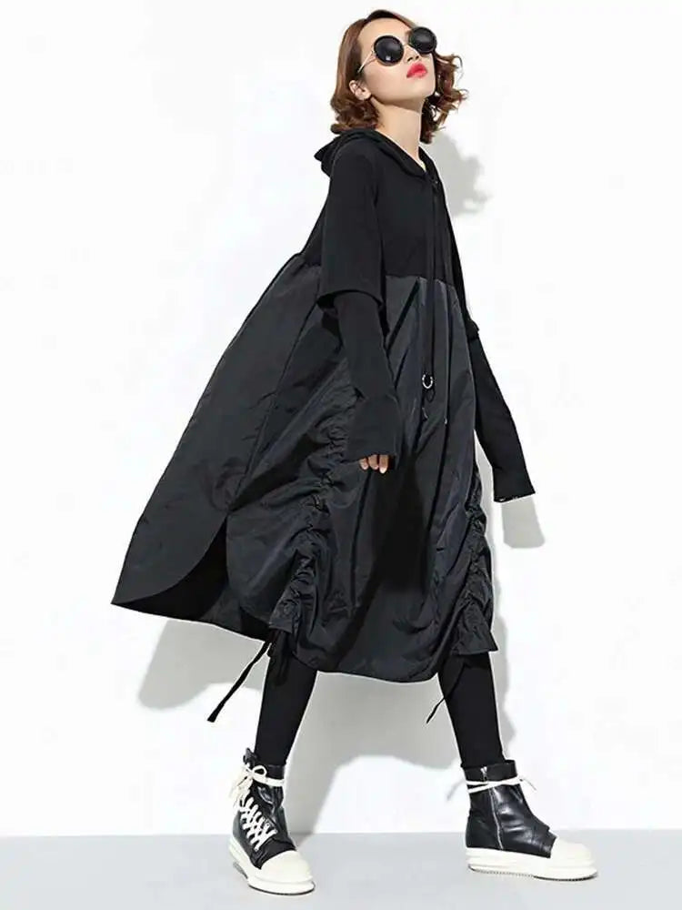 Women Black Drawstring Hollow Out Big Size Irregular Dress New Hooded Long Sleeve Fashion Tide Spring Autumn 2025 JD076