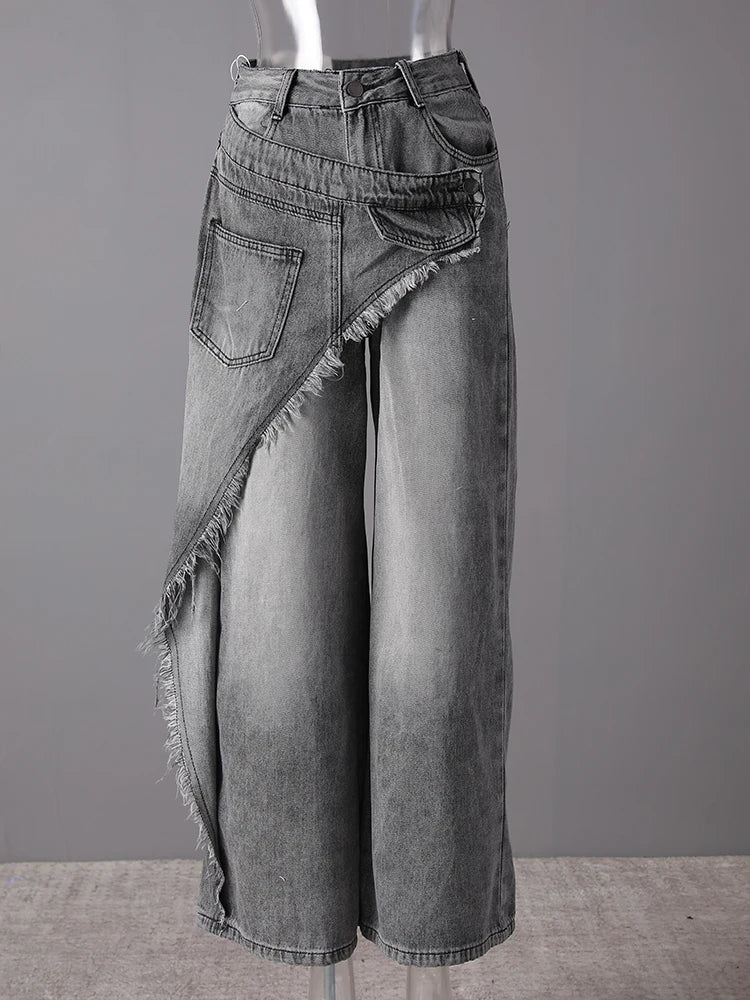 High Waist Light Gray Irregular Burr Denim Wide Leg Jeans New Women Trousers Fashion Tide Spring Autumn 2025 CPG3158