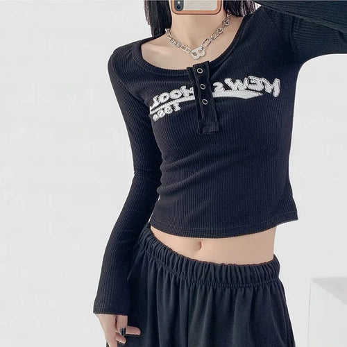 Load image into Gallery viewer, Vintage Letter Print Crop Tops Grunge Ribbed T-shirts Sexy Slim Long Sleeve Tee Shirt Women Korean Fashion Streetwear
