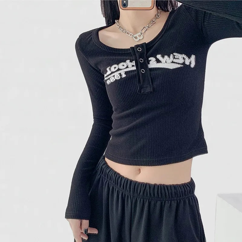 Vintage Letter Print Crop Tops Grunge Ribbed T-shirts Sexy Slim Long Sleeve Tee Shirt Women Korean Fashion Streetwear