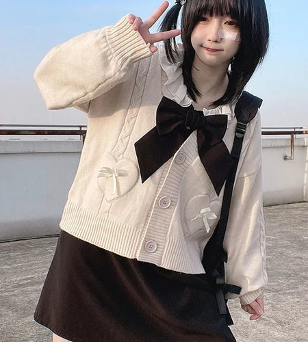 Japanese Kawaii Knitted Cardigan Women Heart Bow Pockets Cute Sweater Coat JK Girl Sweet Loose V-neck Kardigan Damski