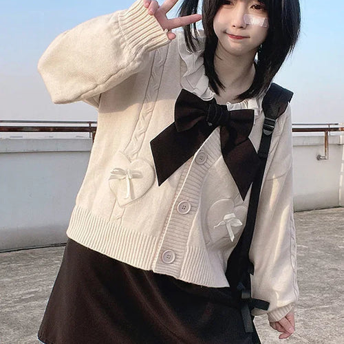 Load image into Gallery viewer, Japanese Kawaii Knitted Cardigan Women Heart Bow Pockets Cute Sweater Coat JK Girl Sweet Loose V-neck Kardigan Damski
