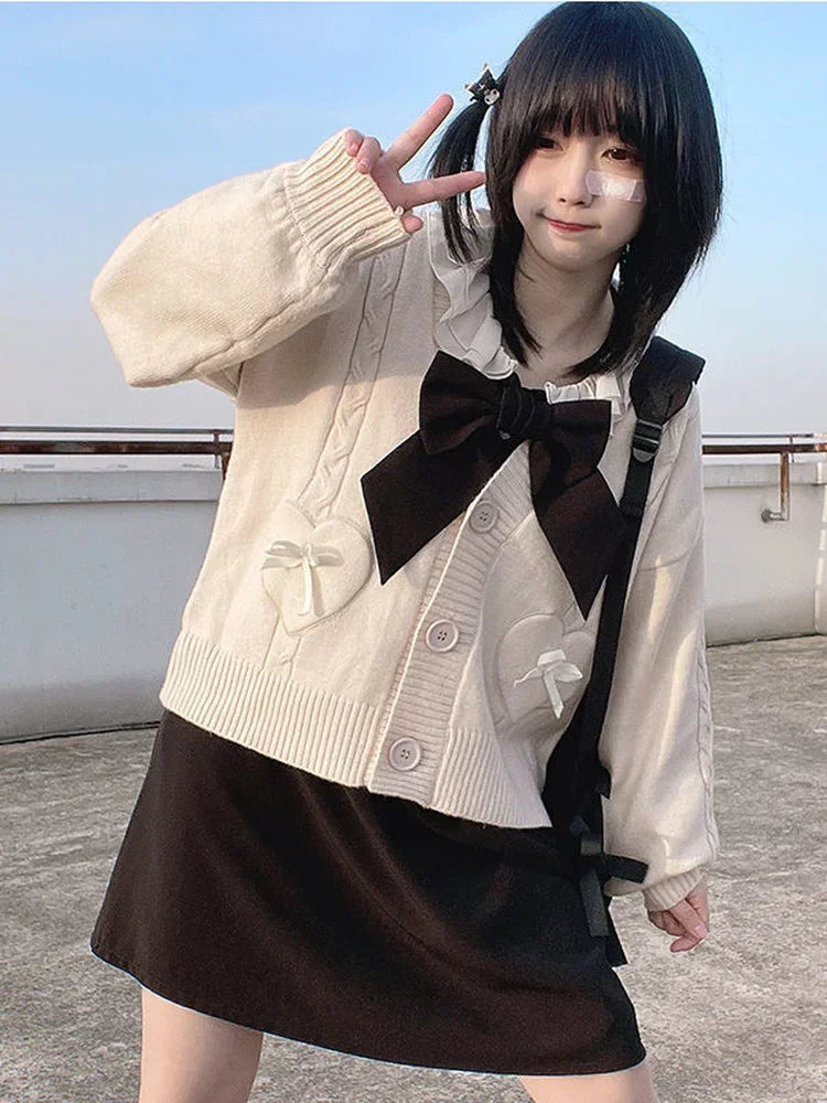 Japanese Kawaii Knitted Cardigan Women Heart Bow Pockets Cute Sweater Coat JK Girl Sweet Loose V-neck Kardigan Damski