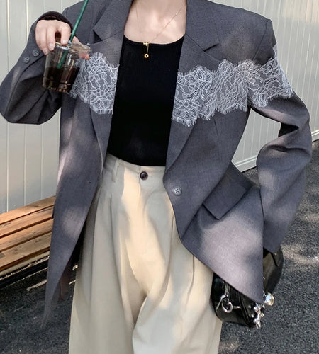 Women Gray Lace Spliced Big Size Elegant Blazer New Lapel Long Sleeve Jacket Fashion Tide Spring Autumn 2025 1DH9712