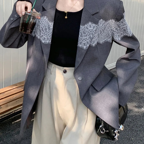 Load image into Gallery viewer, Women Gray Lace Spliced Big Size Elegant Blazer New Lapel Long Sleeve Jacket Fashion Tide Spring Autumn 2025 1DH9712

