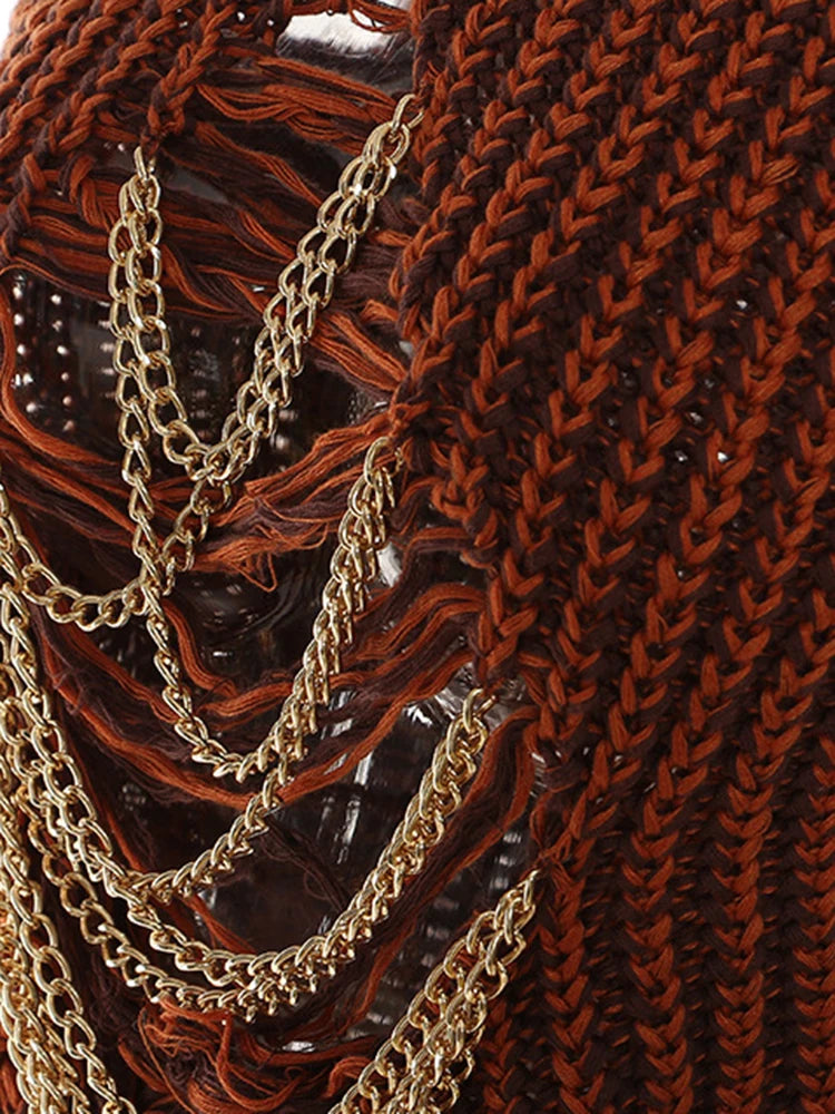 Metal Chain Knitting Sweater Loose Fit Round Neck Sleeveless Women Pullovers New Fashion Tide Autumn Winter 2025 1DF2067