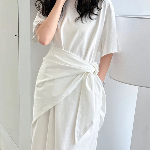 Load image into Gallery viewer, Women White Bandage Irregular Big Size Midi Dress New Round Neck Short Sleeve Fashion Tide Spring Summer 2025 1DJ1263
