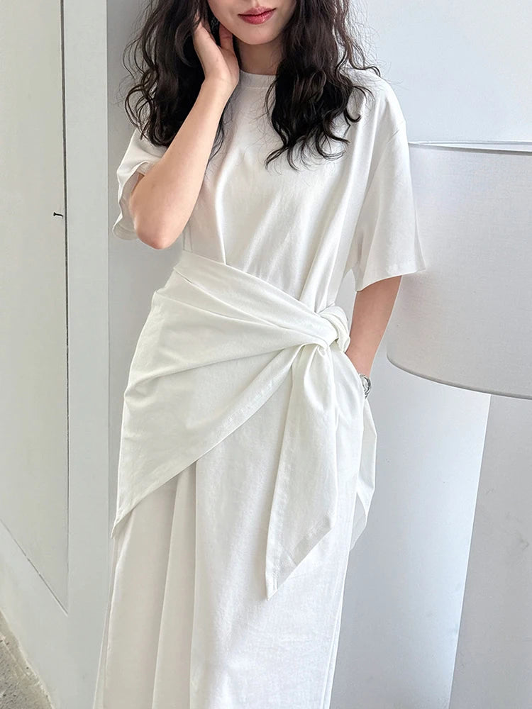 Women White Bandage Irregular Big Size Midi Dress New Round Neck Short Sleeve Fashion Tide Spring Summer 2025 1DJ1263