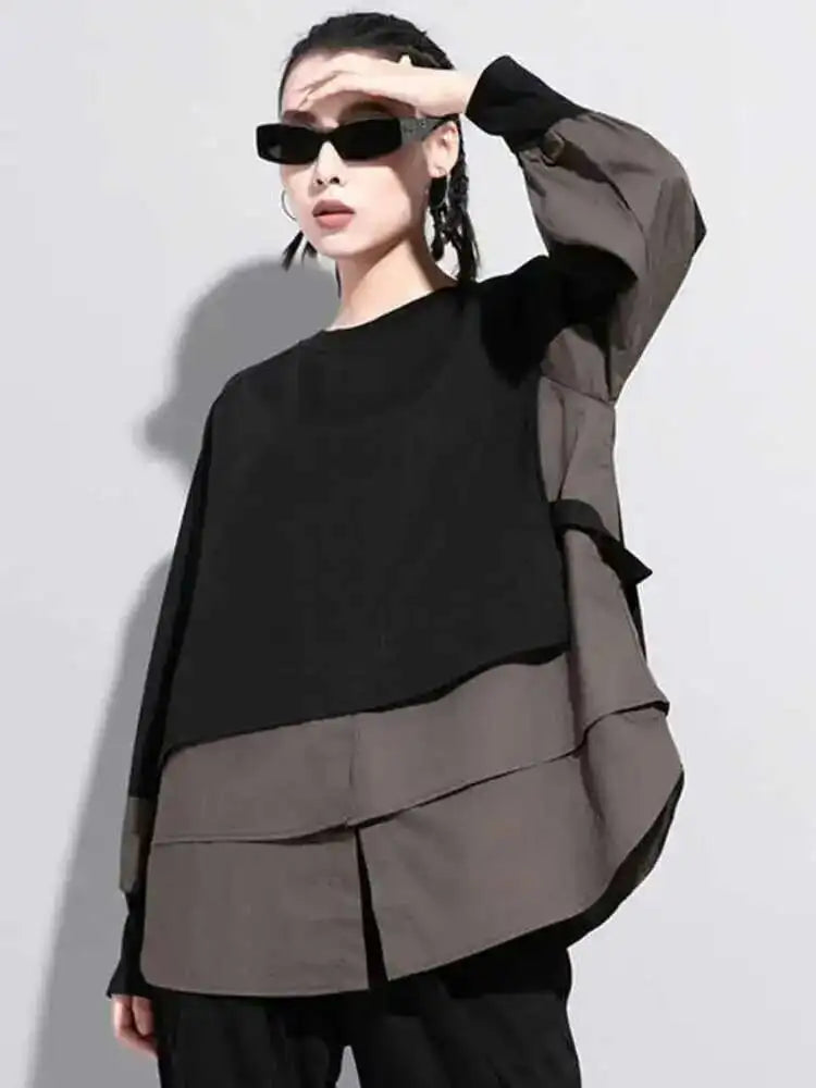 Women Contrast Color Split Joint Big Size T-shirt New Round Neck Long Sleeve  Fashion Tide  Spring Autumn 2025 1DC538