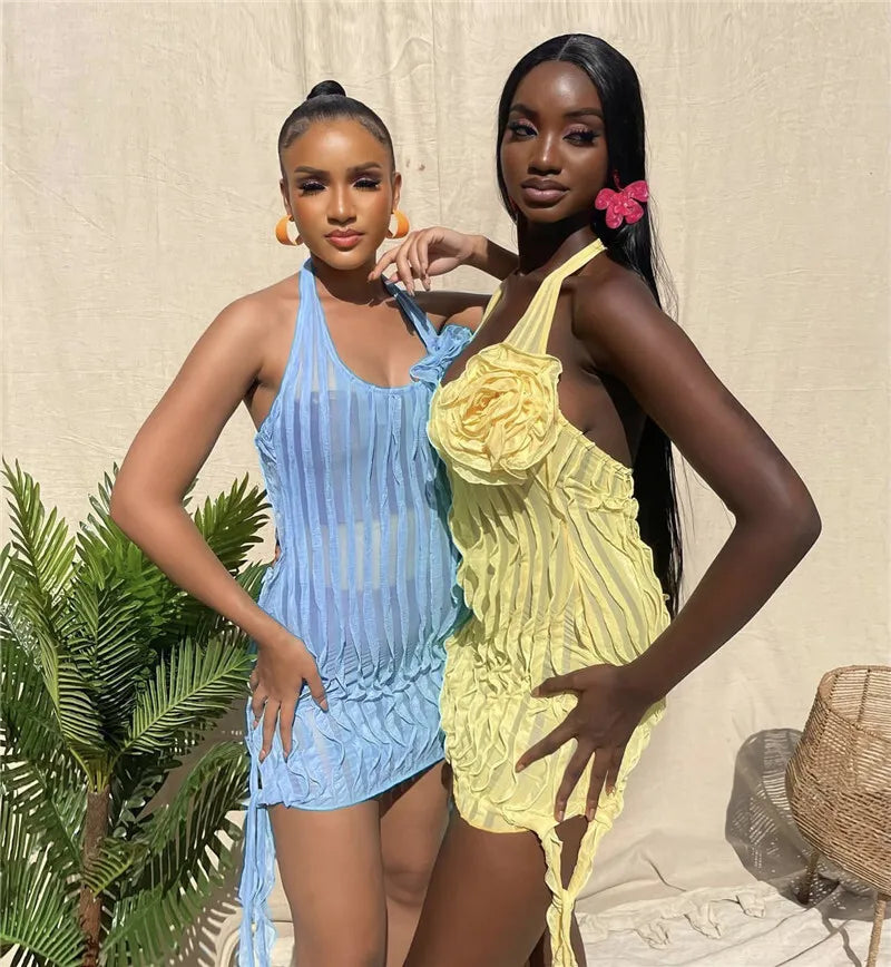 Halter Floral Pleated Sexy Mini Dress For Women Robe Fashion Sleeveless Backless Draped Club Party Dress Elegant