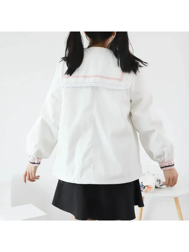 Harajuku Rabbit Embroidery Women Quilted Coats Winter Long Sleeve Sailor Collar Bow Ladies Cotton Liner Jackets Outwears