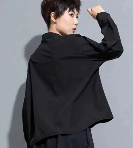Women Black Color-block Big Size Blouse New Lapel Long Sleeve Loose Fit Shirt Fashion Tide Spring Autumn 2025 1DH0843